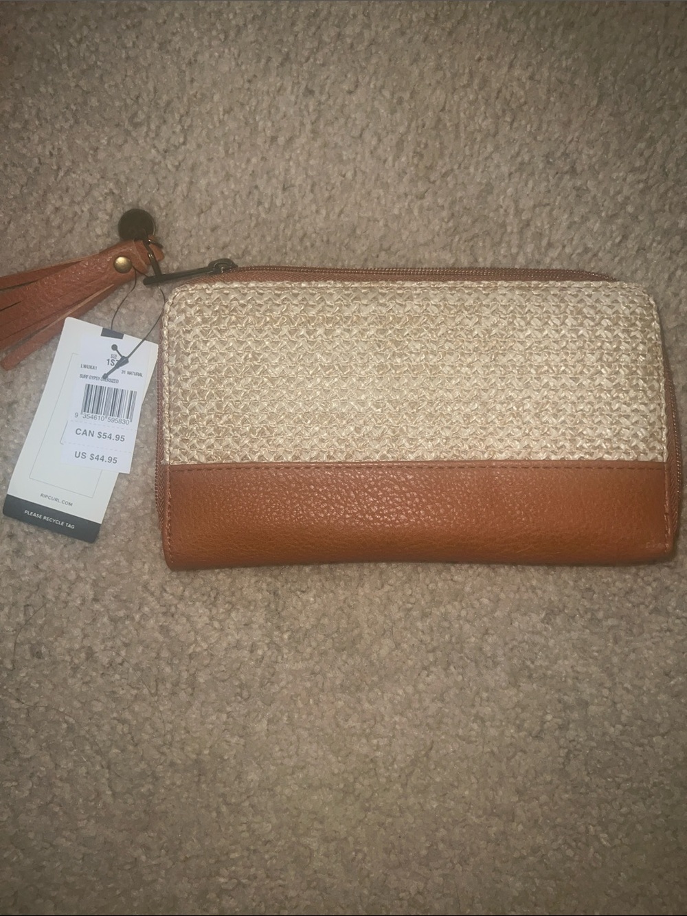 Rip Curl Tan Faux Leather & Cream Woven Zip Wallet with Tassel